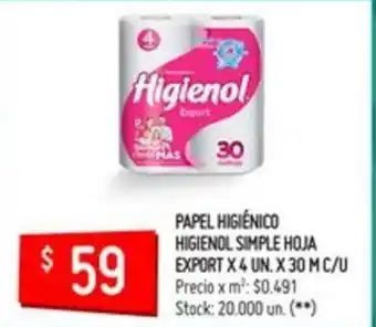 Changomas Higienol Papel Higiénico Simple Hoja Export x 3un x 30 m c/u oferta