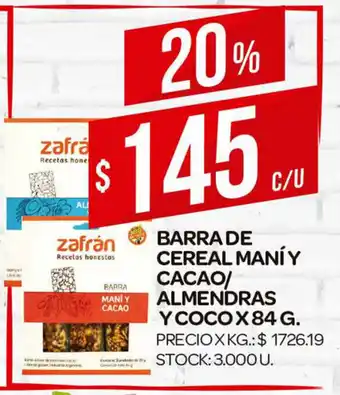 Supermercados DIA Zafrán Barra De Cereal Maní Y Cacao/ Almendras Y Coco x 84g oferta