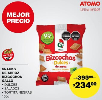 Atomo Conviene SNACKS DE ARROZ BIZCOCHOS GALLO 100g oferta