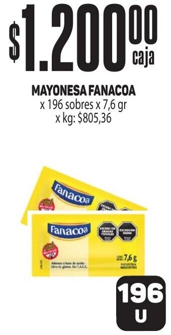 Makro MAYONESA FANACOA x 196 sobres x 7,6 gr oferta