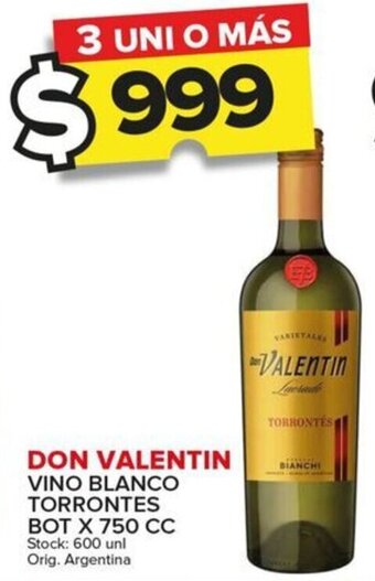 Carrefour Maxi DON VALENTIN VINO BLANCO TORRONTES BOT X 750 CC oferta