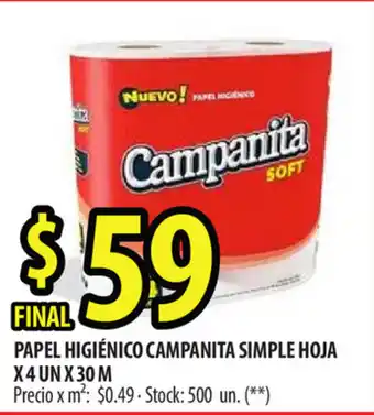 Punto Mayorista Campanita Papel Higiénico Simple Hoja x 4 un x 30 m oferta