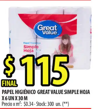 Punto Mayorista Great Value Papel Higiénico Simple Hoja x 6 un x 30 m oferta
