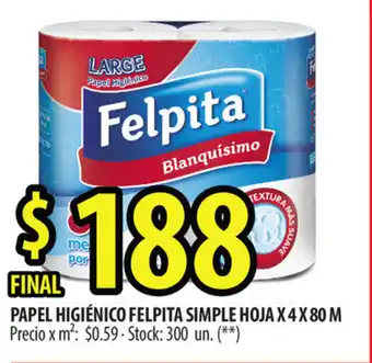 Punto Mayorista Felpita Papel Higiénico Simple Hoja x 4 x 80 m oferta