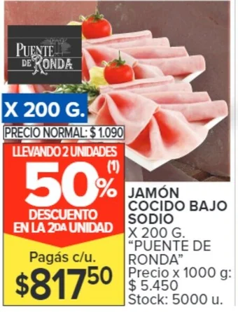 Carrefour JAMÓN COCIDO BAJO SODIO X 200G oferta