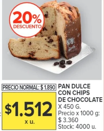 Carrefour PAN DULCE CON CHIPS DE CHOCOLATE X 400 G oferta