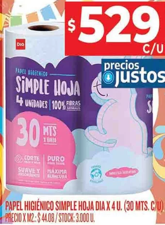 Supermercados DIA PAPEL HIGIÉNICO SIMPLE HOJA DIA X 4 U. oferta