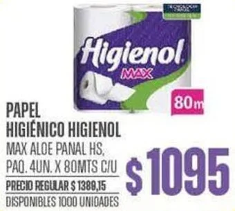 Supermercados Vea PAPEL HIGIÉNICO HIGIENOL MAX ALOE PANAL HS, PAQ. 4UN. X 80MTS oferta