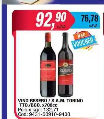 Vino Resero S.a.m. Torino Tto. Bco. x 700cc
