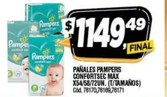 Supermercados Yaguar Pampers Pañales Confortsec Max x 54/58/72un (T/Tamaños) oferta