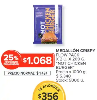 Carrefour MEDALLÓN CRISPY FLOW PACK X 2 U. X 200 G. "NOT CHICKEN BURGER" oferta