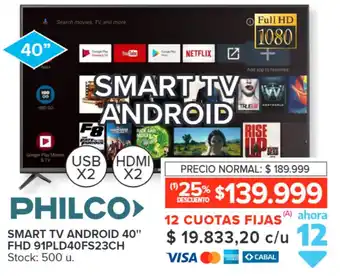 Carrefour PHILCO SMART TV ANDROID 40" FHD 91PLD40FS23CH oferta