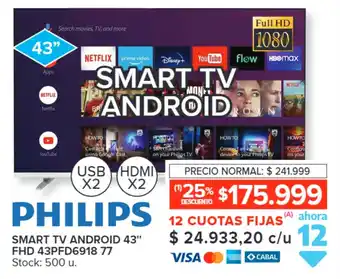 Carrefour PHILIPS SMART TV ANDROID 43" FHD 43PFD6918 77 oferta