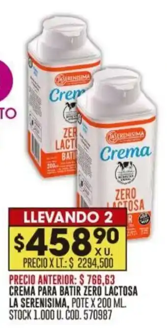 Coto CREMA PARA BATIR ZERO LACTOSA LA SERENISIMA, POTE X 200 ML. LLEVANDO 2 oferta