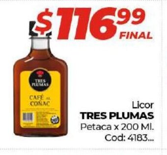 Diarco Tres Plumas Licor Petaca x 200 ml. oferta