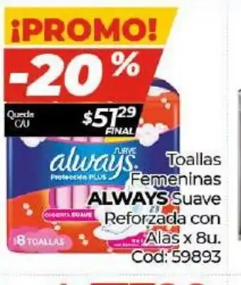 Diarco Always Toallas Femeninas Suave Reforzada con Alas 8u. oferta