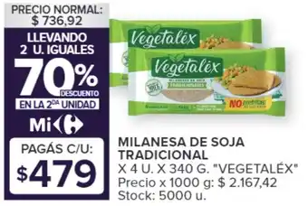 Carrefour MILANESA DE SOJA TRADICIONAL X 4 U. X 340 G. "VEGETALÉX" oferta