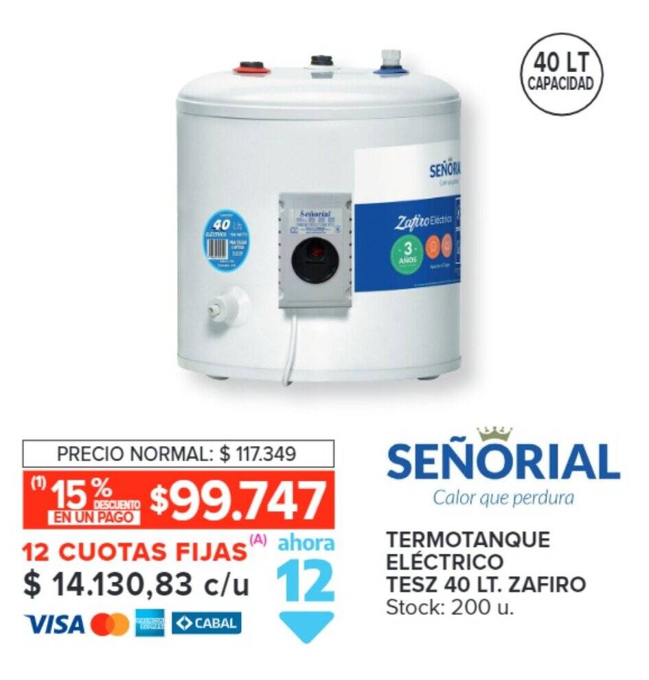 TERMOTANQUE ELÉCTRICO TESZ 40 LT. ZAFIRO " SEÑORIAL" oferta en Carrefour