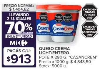 Carrefour Market QUESO CREMA LIGHT/ENTERO POTE X 290 G. "CASANCREM" oferta