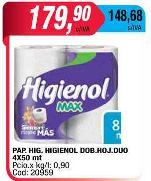 Maxiconsumo Pap. Hig. Higienol Dob. Hoj. Duo 4x50mt oferta