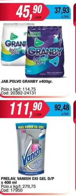 Maxiconsumo Jab. Polvo Granby Prelav. Vanish Oxi Gel x 400gr oferta