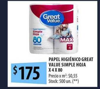 Punto Mayorista Papel Higiénico Great Value Simple Hoja x 4 x 80 oferta