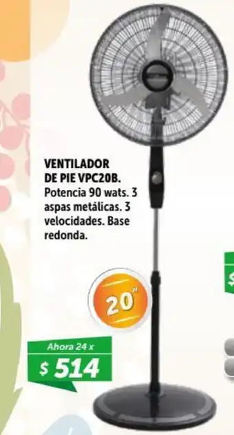 Ventilador De Pie VPC20B 90 wats. 3 aspas metállicas, 3 velocidades.