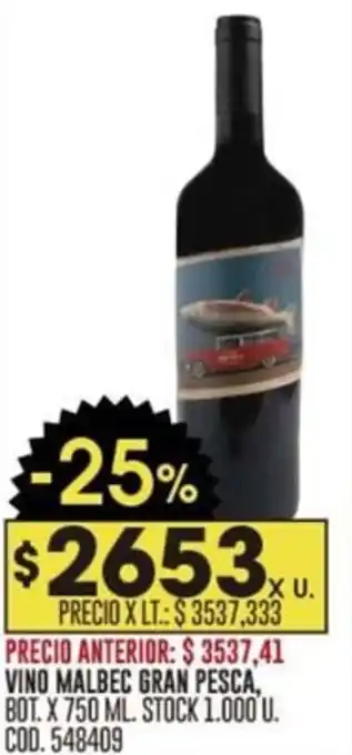 VINO MALBEC GRAN PESCA, BOT. X 750 ML.