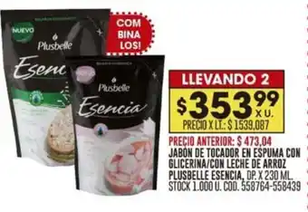 Coto JABON DE TOCADOR EN ESPUMA CON GLICERINA/CON LECHE DE ARROZ PLUSBELLE ESENCIA, DP. X 230 ML. LLEVANDO 2 oferta