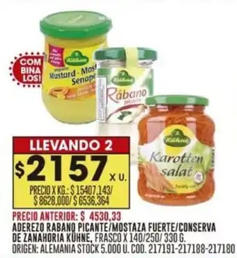 Coto ADEREZO RABANO PICANTE/MOSTAZA FUERTE/CONSERVA DE ZANAHORIA KÜHNE, FRASCO X 140/250/330 G. LLEVANDO 2 oferta