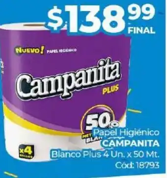 Diarco Campanita Papel Higienico Blanco plus 4 un x 50mt oferta