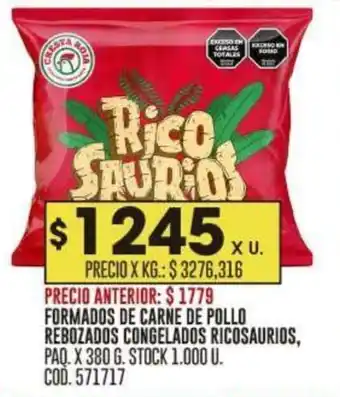 Coto FORMADOS DE CARNE DE POLLO REBOZADOS CONGELADOS RICOSAURIOS, PAQ. X 380 G. oferta