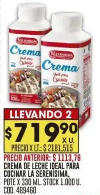 Coto CREMA DE LECHE IDEAL PARA COCINAR LA SERENISIMA, POTE X 330 ML. LLEVANDO 2 oferta