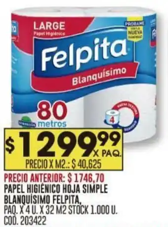 Coto PAPEL HIGIENICO HOJA SIMPLE BLANQUÍSIMO FELPITA, PAQ. X 4 U. X 32 M2 oferta