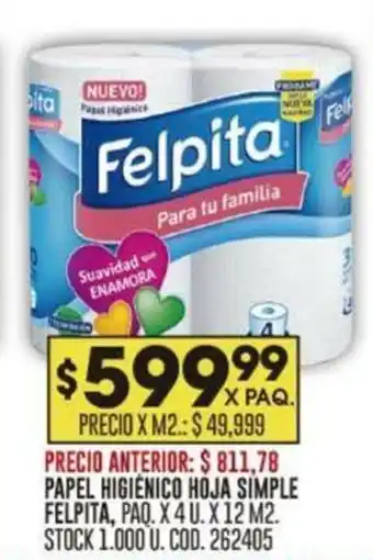 Coto PAPEL HIGIÉNICO HÓJA SIMPLE FELPITA, PAQ. X 4 U. X 12 M2. oferta