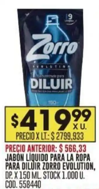 Coto JABÓN LÍQUIDO PARA LA ROPA PARA DILUIR ZORRO EVOLUTION, DP. X 150 ML. oferta