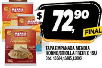 Tapa Empanada Mendia Horno/Criolla Freir x 15u