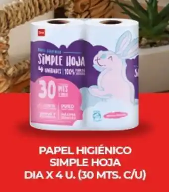 Supermercados DIA PAPEL HIGIÉNICO SIMPLE HOJA DIA X 4 U. (30 MTS. C/U) oferta