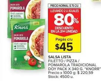Carrefour Market Knorr Salsa Lista Filetto - Pizza - Pomarola Tradicional Doy Pack x 340g oferta