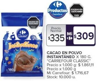 Carrefour CACAO EN POLVO INSTANTÁNEO X 180 G oferta