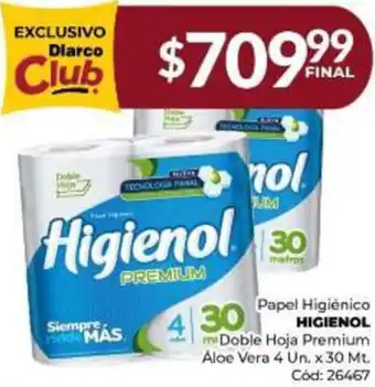 Diarco Papel Higiénico HIGIENOL Doble Hoja Premium Aloe Vera 4 Un. x 30 Mt oferta