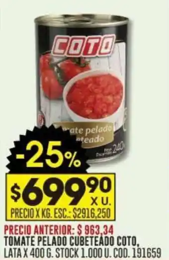 Coto TOMATE PELADO CUBETEADO COTO, LATA X 400 G. oferta