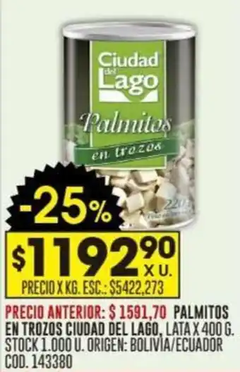 Coto PALMITOS EN TROZOS CIUDAD DEL LAGO, LATA X 400 G. oferta