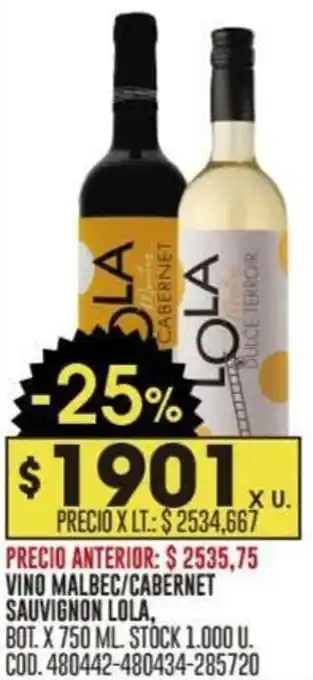Coto VINO MALBEC/CABERNET SAUVIGNON LOLA, BOT. X 750 ML. oferta