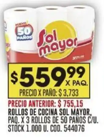 Coto ROLLOS DE COCINA SOL MAYOR, PAQ. X 3 ROLLOS DE 50 PAÑOS C/U. oferta