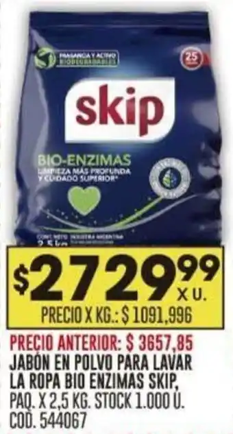 Coto JABÓN EN POLVO PARA LAVAR LA ROPA BIO ENZIMAS SKIP, PAQ. X 2,5 KG. oferta