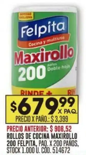 Coto ROLLOS DE COCINA MAXIROLLO FELPITA, PAQ. X 200 PAÑOS oferta