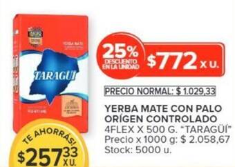 Carrefour YERBA MATE CON PALO ORÍGEN CONTROLADO 4FLEX X 500 G. "TARAGÜÍ oferta