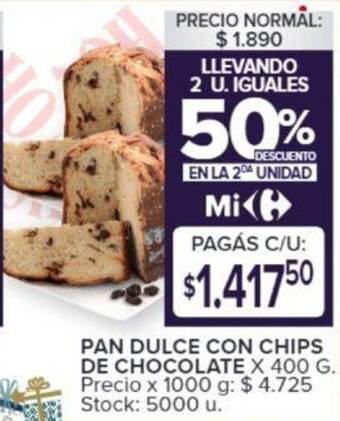 Carrefour PAN DULCE CON CHIPS DE CHOCOLATE X 400 G. oferta