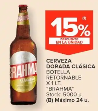 Carrefour CERVEZA DORADA CLÁSICA BOTELLA RETORNABLE X 1 LT. "BRAHMA" oferta